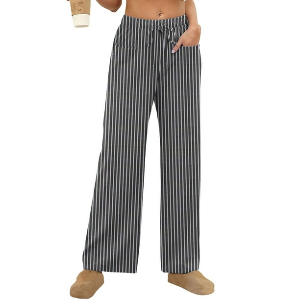 Amzcrzy Pantalones Mujer A Rayas Informales Cintura Alta Cordón Elástico Tipo Bóxer Cómodos Holgados Anchos Con Bolsillos Tallas S-2XL Negro