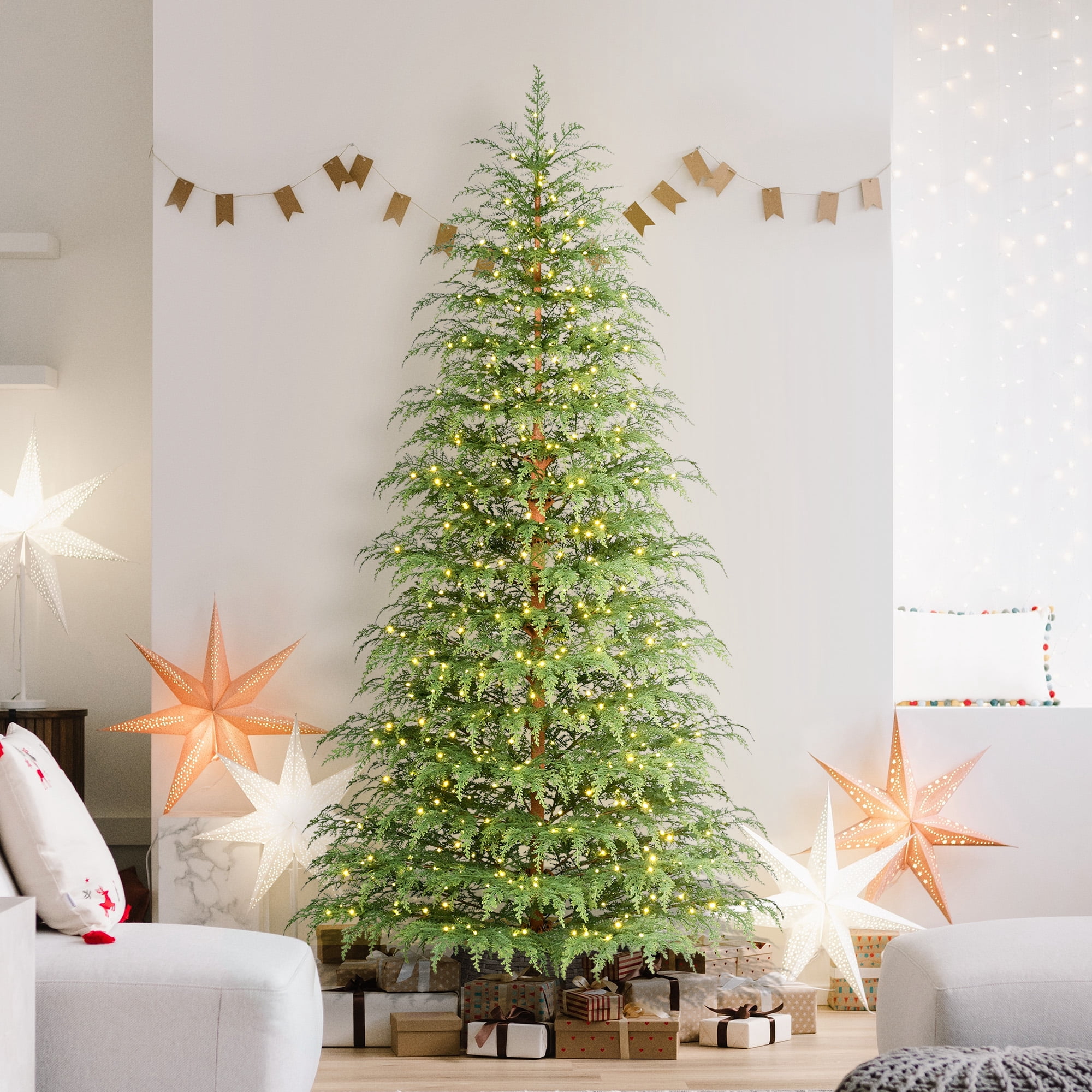 My Texas House 7.5ft Prelit Green Cypress Artificial Christmas Tree, 500 Warm White Twinkle LED