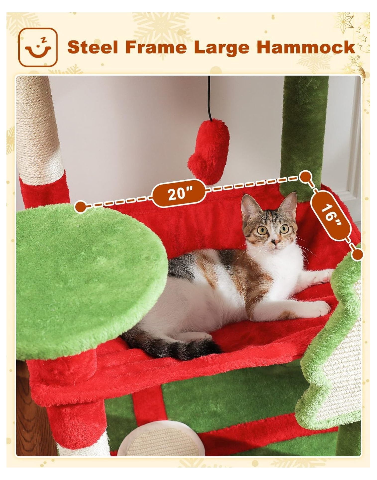 Cat Christmas Tree for Indoor Cats 56.3" - Holiday Cat Tree Tower with Hammock, Scratching Posts & Toys - Festive Red