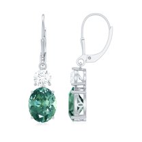 Green Sapphire Drop Earrings with Moissanite, 8X10 mm Oval Lab Grown Sapphire AAAA Grade, 18K White Gold