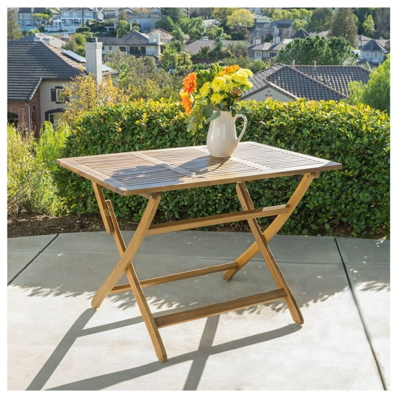 Positano Folding Table 43.5", Outdoor Wood Dining Table, Weather Resistant, Seats 4, Grey/Natural/White Finish, X-Base, Slatted Top, Easy Storage Natural Acacia Wood