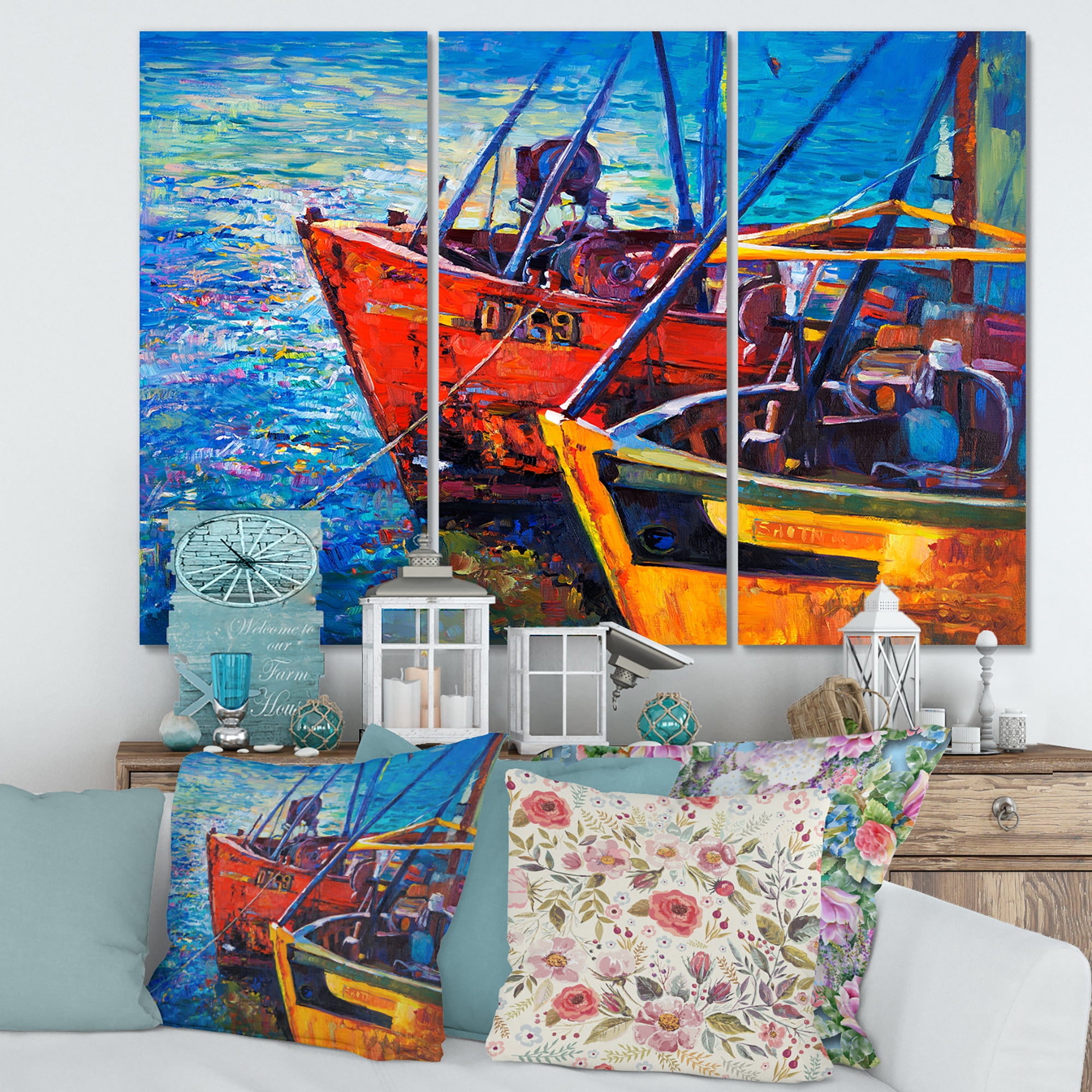 Designart ' Boats During Warm Sunset Resting On The Water VII ' Nautical & Coastal Canvas Wall Art Print