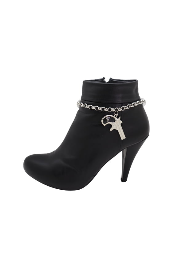 Women Boot Bracelet Metal Chain Silver Ankle Bling Shoe Gun Charm Pistol Hip Hop