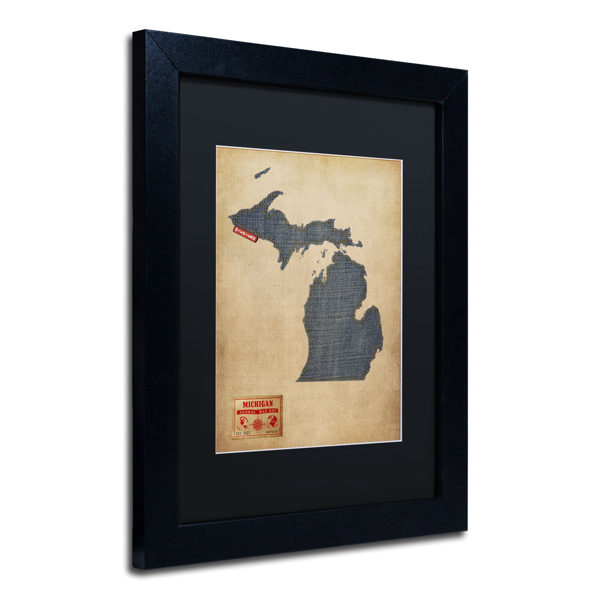 Trademark Fine Art "Michigan Map Denim Jeans Style" Canvas Art by Michael Tompsett, Black Matte, Black Frame