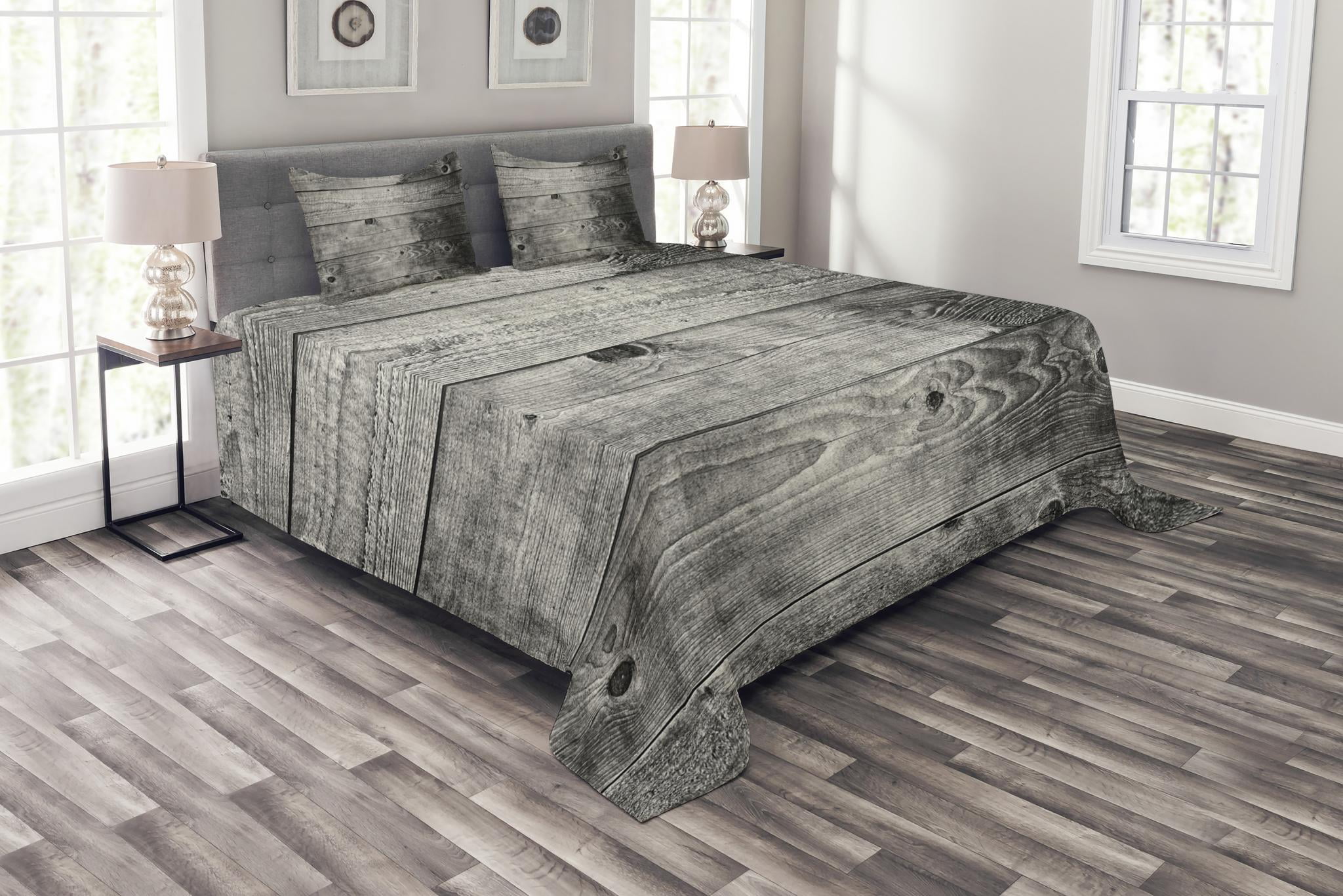 Dark Grey Bedspread Set King Size, Ombre Style Grunge Wooden Planks