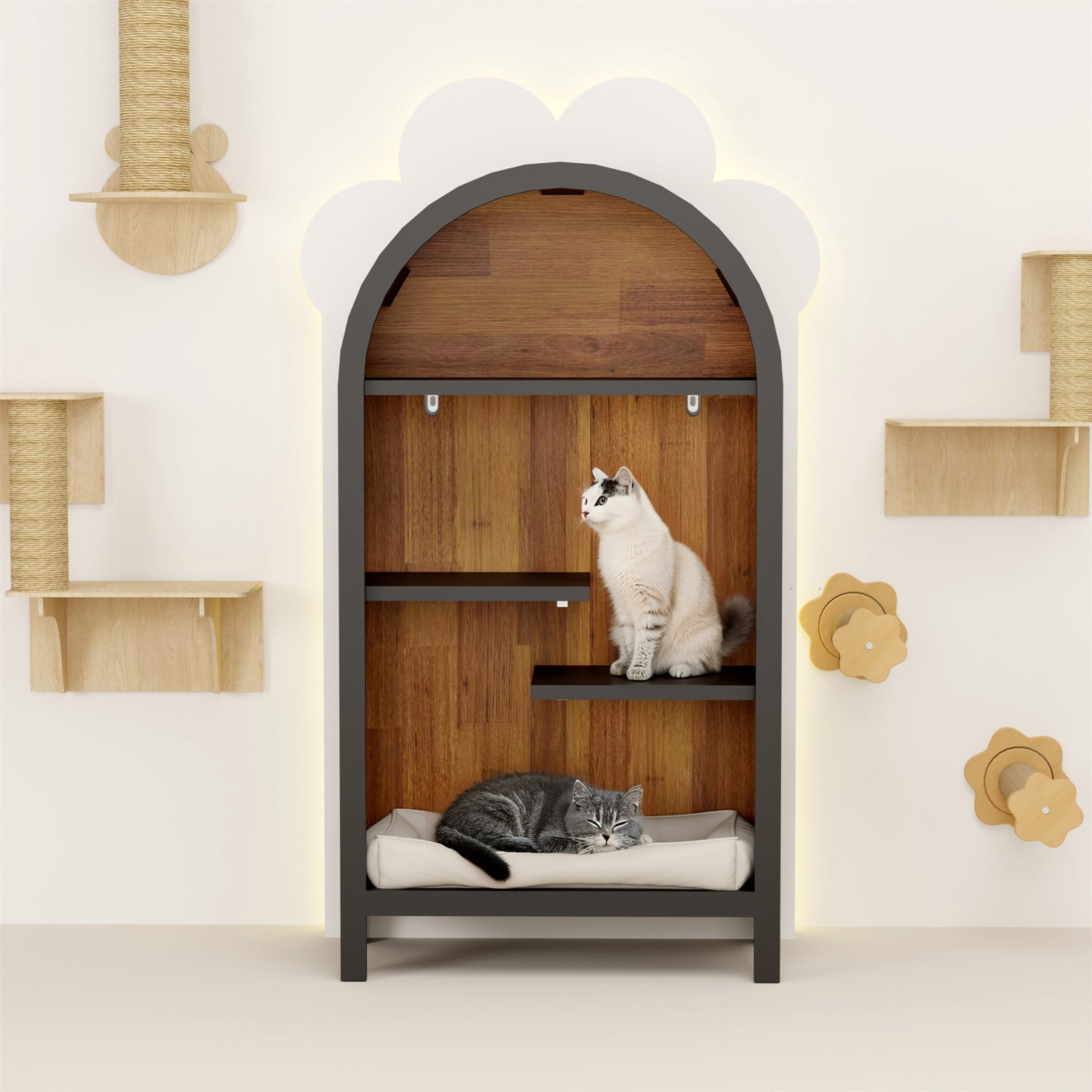 Hommoo 4-Tier Arched Bookshelf, Asymmetrical Open Storage Shelf, Wooden Freestanding Display Shelf for Entryway, Living Room, Bedroom, Hallway, Brown