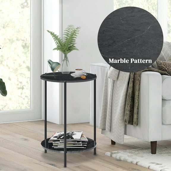 2 Tier Side Table, Faux Marble Texture Round End Table, Metal Accent Table for Small Spaces Bedside Table Night Stand for Indoor Outdoor Home Living Room Bedroom