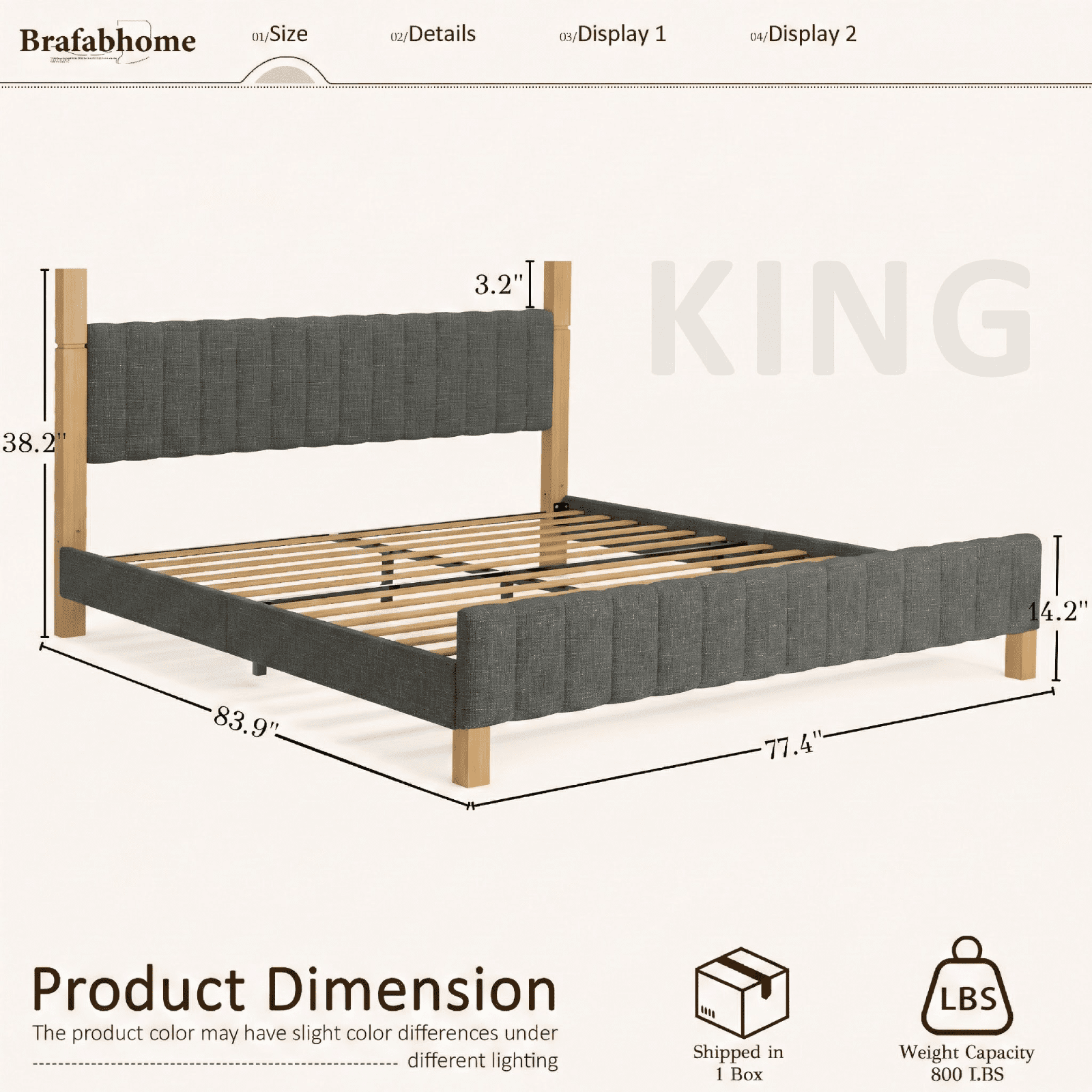 Brafabhome King Bed Frame with Upholstered Headboard, Modern Wood Bed Frame with Solid Wood Posts, No Box Spring Needed, Gray Linen