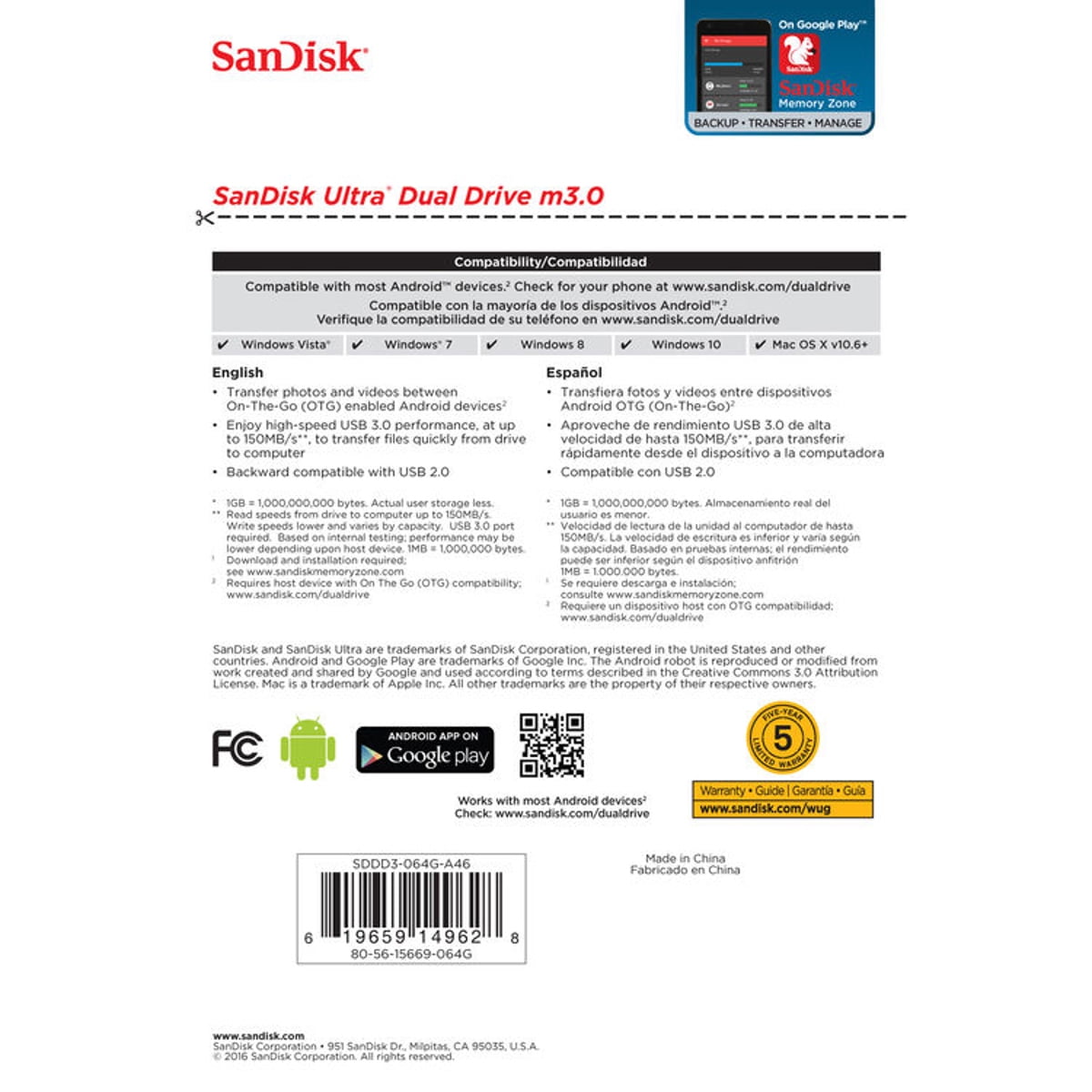 SanDisk 128GB Ultra Dual m3.0 USB 3.0 and Micro USB Flash Drive, Up to 150MB/s Read Speed