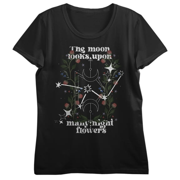 The Moon Looks Upon Night Flowers Crew Neck Short Sleeve Women's Black T-shirt-Medium