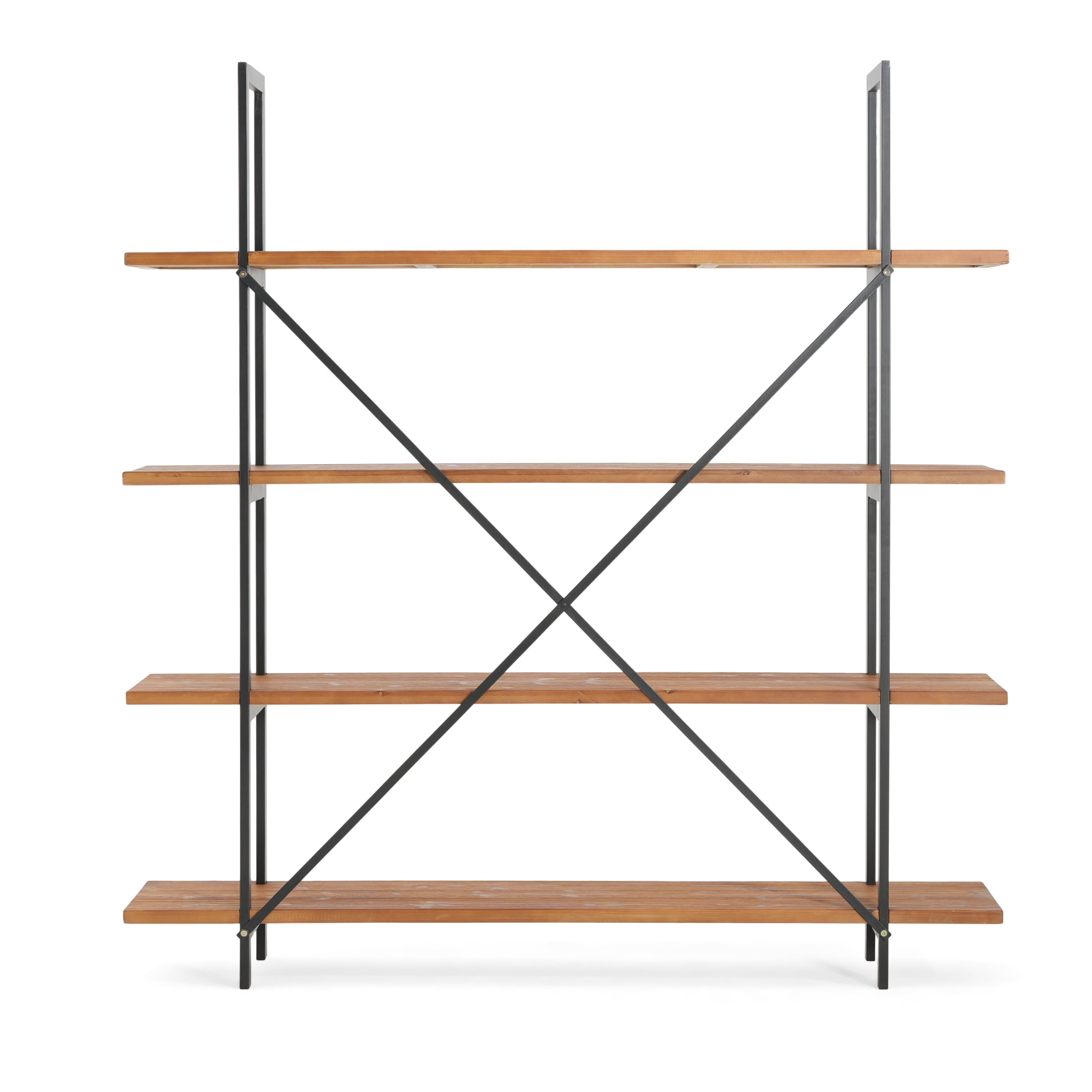 Christopher Knight Home Industrial Iron Bookcase with Solid Wood Shelves and X-Frame in Antique Black Finish