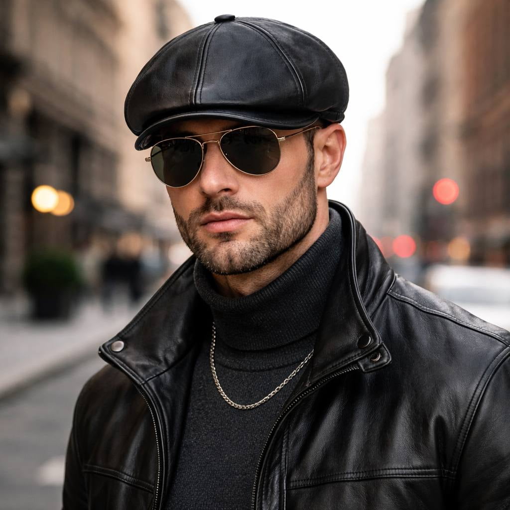 Men’s Genuine Leather Newsboy Cap – Black Ivy Flat Cap, Classic Cabbie Gatsby Black Hat