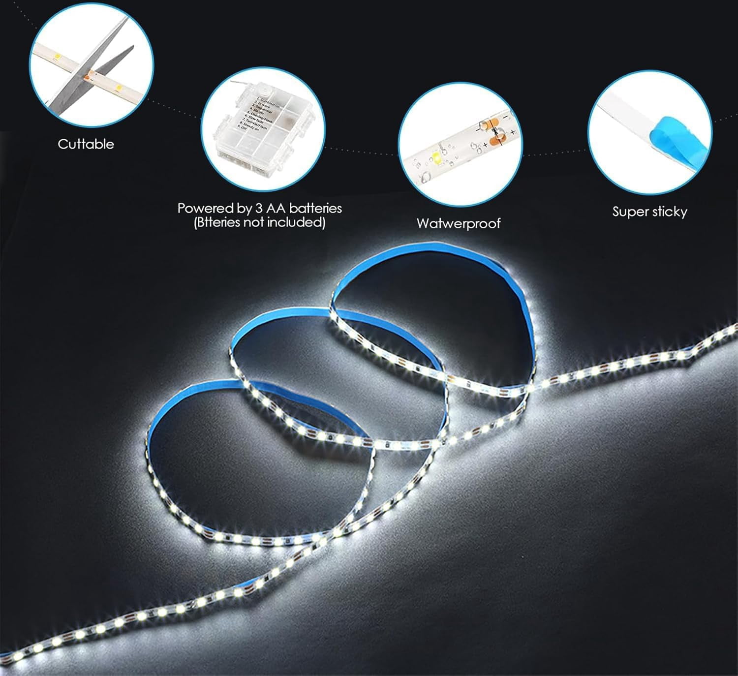LED Strip Lights 5 M 150 LED Waterproof Flexible LED Strip Light Battery Powered Dimmable Cuttable Tape Lights Strip with Remote for Kitchen, Bedroom, Computer, TV, Birthday