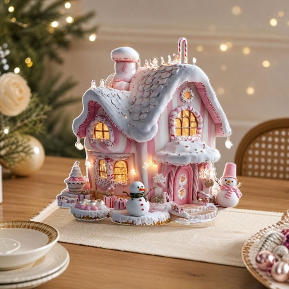 Lilixerw 2D Acrylic Christmas Ornament 7.8x7.3 Inch Pink Candy Gingerbread House Frosty Figure Scene With Stand Decoration