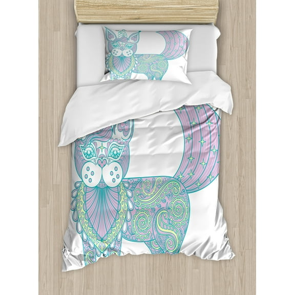 Unicorn Cat Duvet Cover Set, Magic Cat with Ornate Patterns Boho Motifs, Decorative 2 Piece Bedding Set with 1 Pillow Shams, Twin Size, Pink Teal Pale Yellow, by Ambesonne