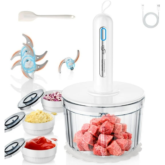 Glass Food Processor with 3 Blades & 4 Bowls (8 Cup 3x0.5 Cup), Small Food Processor& Meat Grinder - Compact Design for Meal Prep, Baby Food, Sauces - Dishwasher Safe