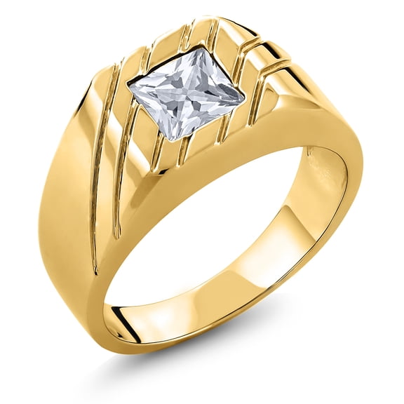 Gem Stone King 1.25 Ct Princess White Zirconia 18K Yellow Gold Plated Silver Men's Ring (Size 13)
