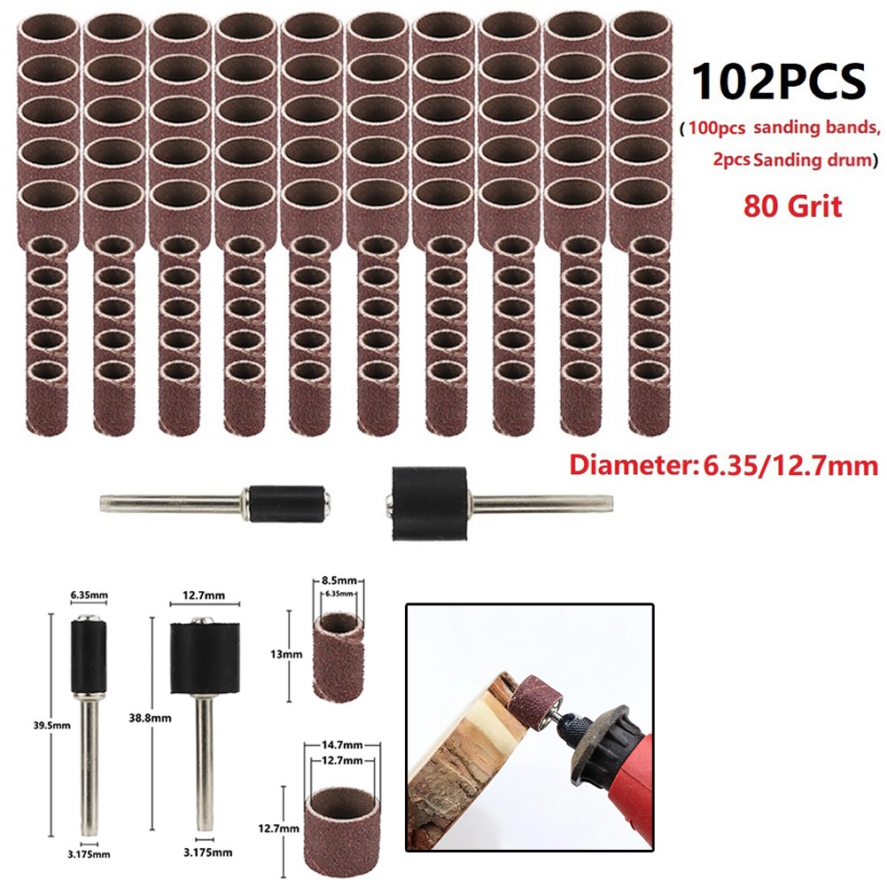 BCLONG 102pcs Sanding Drum Set 80 Grit 6.35/12.7mm Shank Sanding Bands