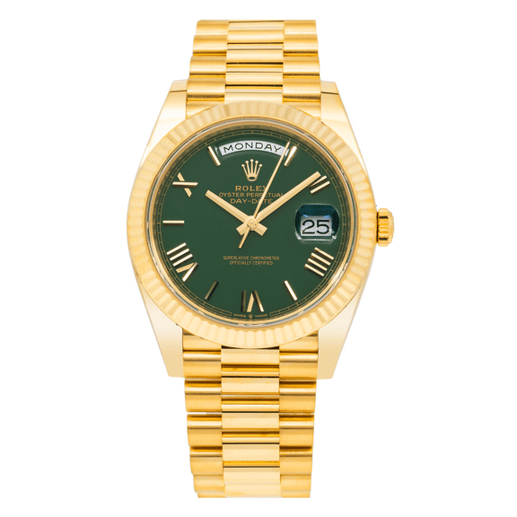 Pre-Owned Rolex Day-Date 40MM 228238 Green Roman Dial Fluted Bezel 18K Yellow Gold President Bracelet