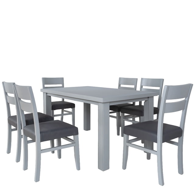 comedor kessa muebles albany 6 sillas gris conjunto rectangular de 150 x 90 x 76 cm con seis sillas incluidas; mesa en madera de pino y tablero industrializado con acabado gris, patas rectas y tablero liso, sillas con respaldo de dos barras y asientos tapizados en gris oscuro, vista frontal a 3/4 sobre fondo neutro.