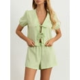 thumbnail image 2 of JYYYBF Women Plaid Outfit, Loose V Neck Puff Sleeve Front Tie-Up Tops Elastic Waist Shorts 2 Piece Summer Set, 2 of 9