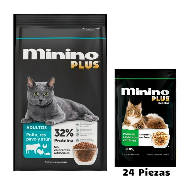 Minino Plus 10 Kg + Sobres Recetas Pollo En Caldo Con Verduras 85 g (24 Pzas)