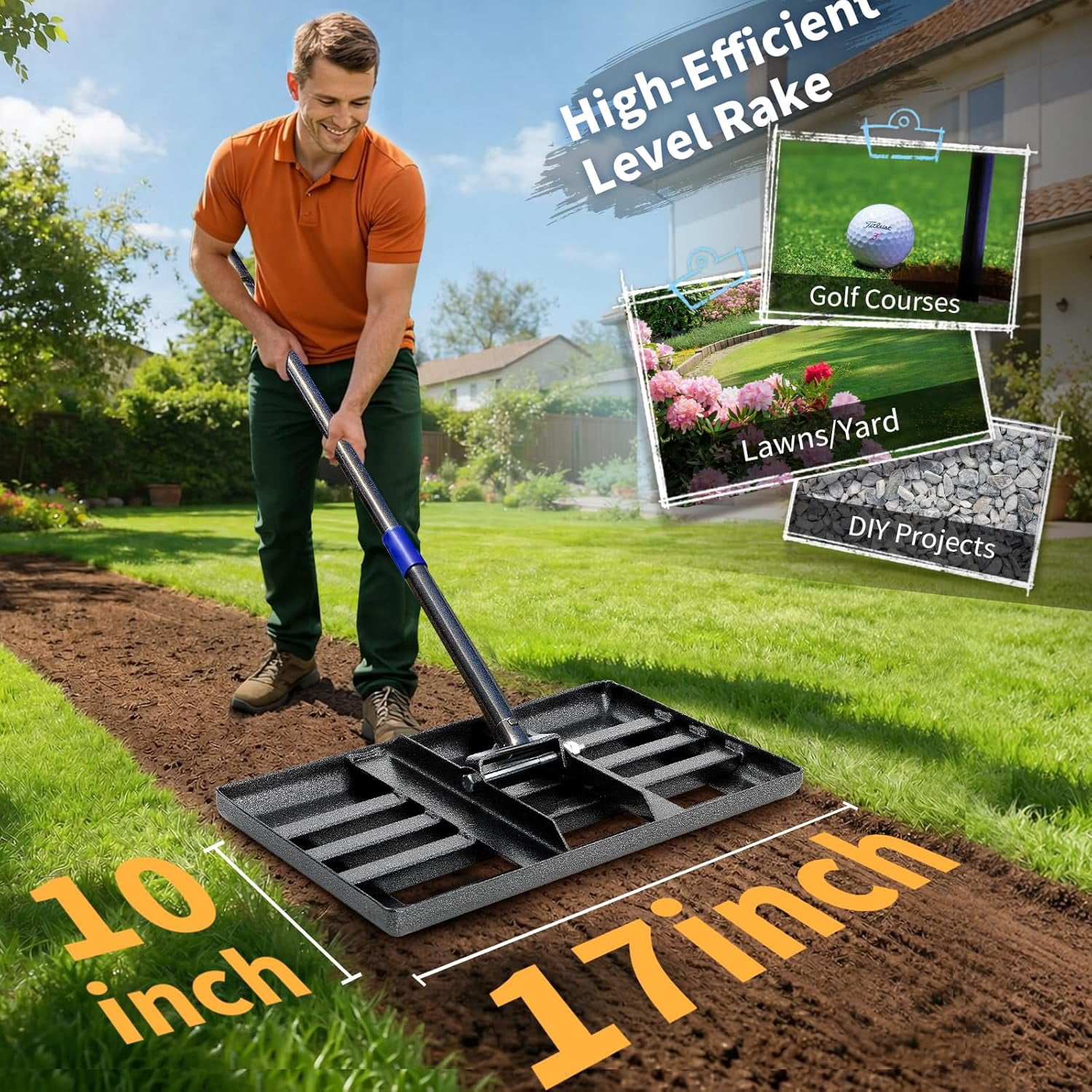 CHEASYOU Lawn Leveling Rake, 17"x10" Multi-Functional Heavy Duty Lawn Leveler Tool, 1" Diameter Adjustable Leveling Rake, 60" Size for Yard, Garden & Lawn