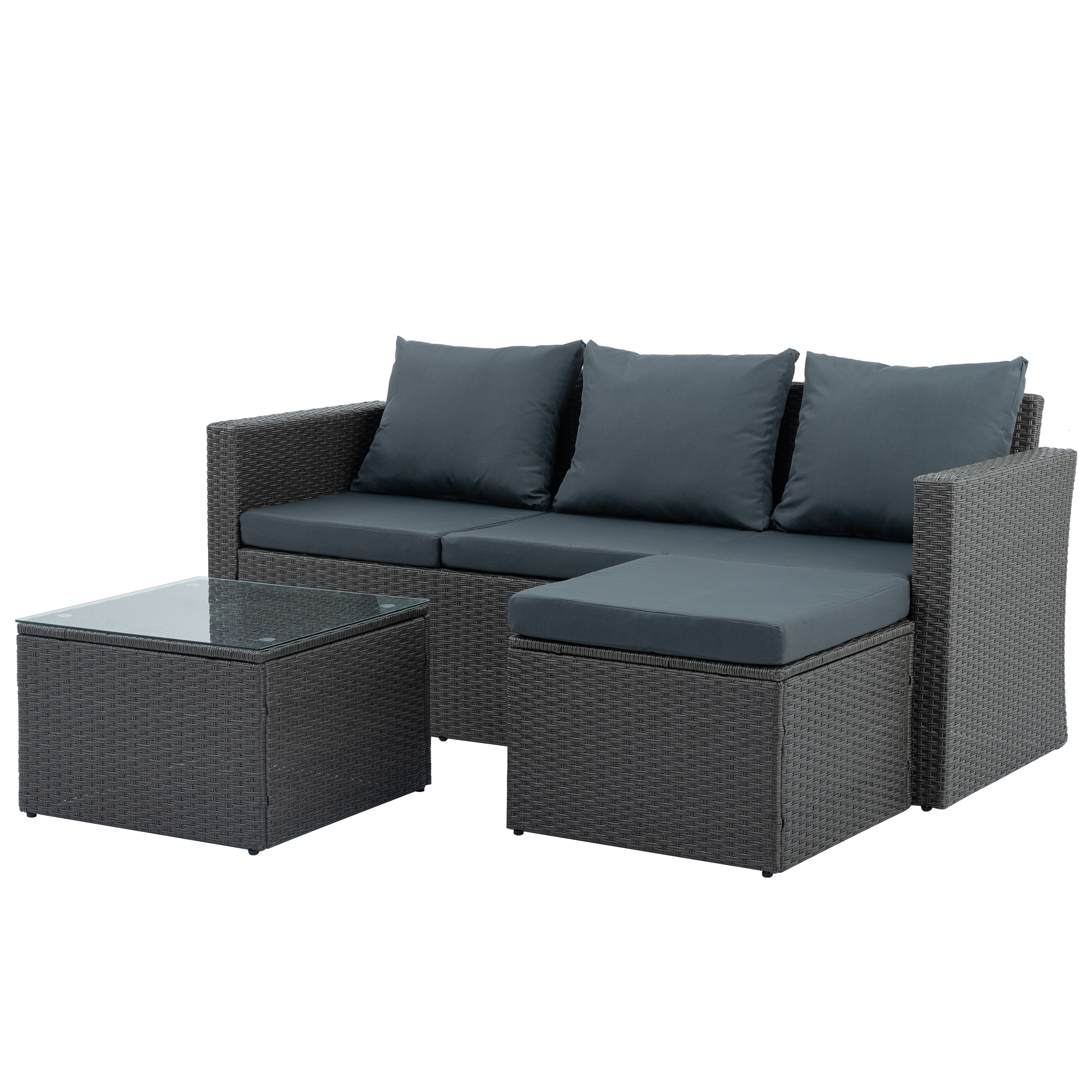 Rattan Patio Sofa Set, 3 Pieces Outdoor Sectional Furniture, All-Weather PE Rattan Wicker Patio Conversation, Cushioned Sofa with Glass Table & Ottoman for Patio Garden Poolside Deck - image 4 of 10