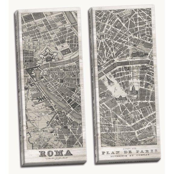 Gango Home Decor Vintage Roma Map & Plan de Paris Panel on Wood by Wild Apple Portfolio (Ready to Hang); Two 12x36in Hand-Stretched Canvases