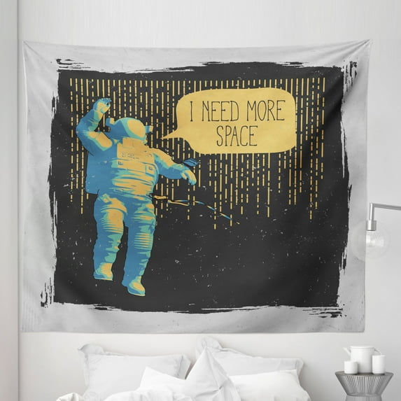 Astronaut Tapestry, 3D Astronaut I Need More Space Speech Bubble Comic Adventure Science, Fabric Wall Hanging Decor for Bedroom Living Room Dorm, 5 Sizes, Black Mustard Grey, by Ambesonne