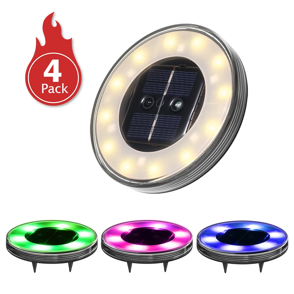 Tomshine 4 Pack Solar Disk Lights Warm White & Human Inductive RGB