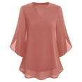 thumbnail image 4 of Long Sleeve Shirts for Women Casual Tops Ruffle 3/4 V Neck Double Chiffon Blouses Tops Basic Women's T-Shirts Pink M, 4 of 4