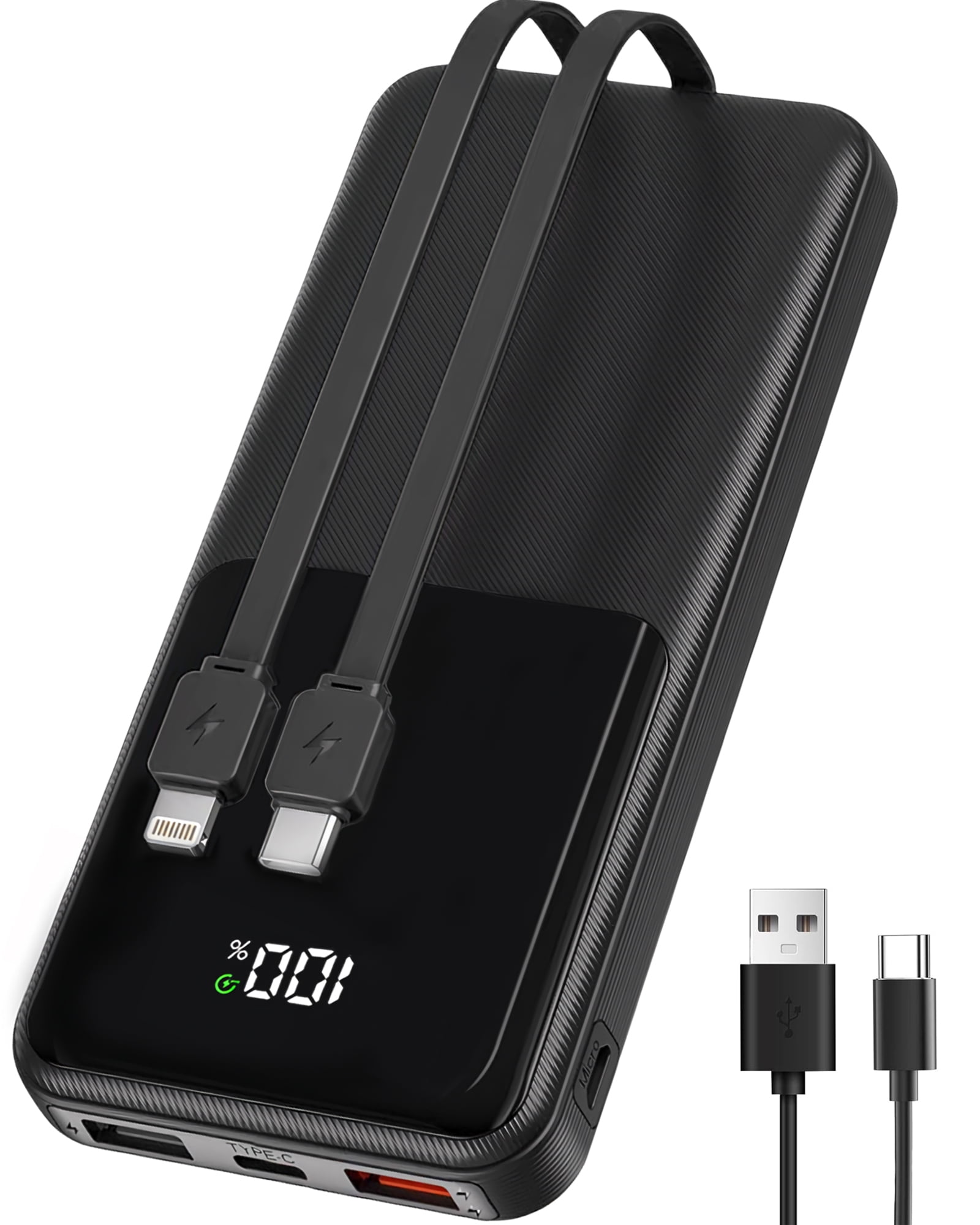 22.5W Portable Phone Charger with Built-In Cable, XUDUO 10000mAh Fast Power Bank USB C Battery Pack for iPhone, Samsung