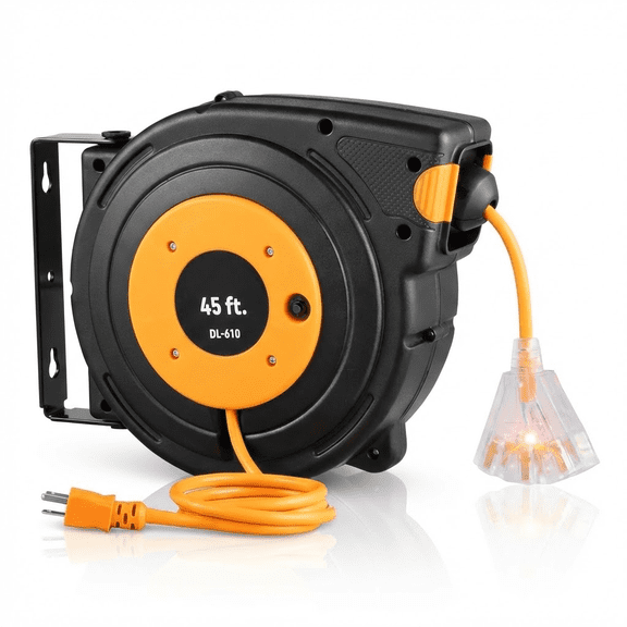 无 45ft Retractable Extension Cord Reel, Heavy Duty 12AWG/3C SJTOW Power Cord, 15A,