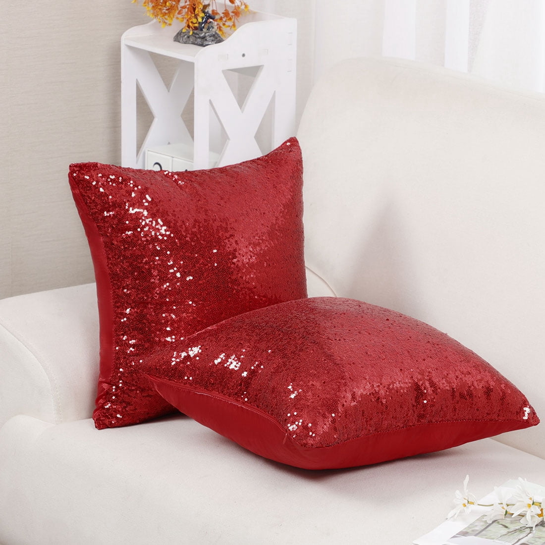 PiccoCasa 18"x18" Shiny Sequin Throw Pillow Covers Decorative Pillowcase, Red 4