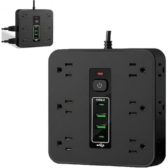 16 in 1 Power Strip Surge Protector, 16-in-1 Power Strip with Switch & Surge Protection, 16 in 1 Surge Protector, 16 Ac Outlets, 3 USB & 2 Type-C Ports, Time Display for Home,Office (Black)