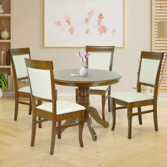 Wooden 5 Piece Dining Table Set, 4 Classic Style Solid Wood Ronda Upholstered Chairs w Rolf Round Dining Table, Kitchen Set for four, Living Room Set, Medium Brown Color
