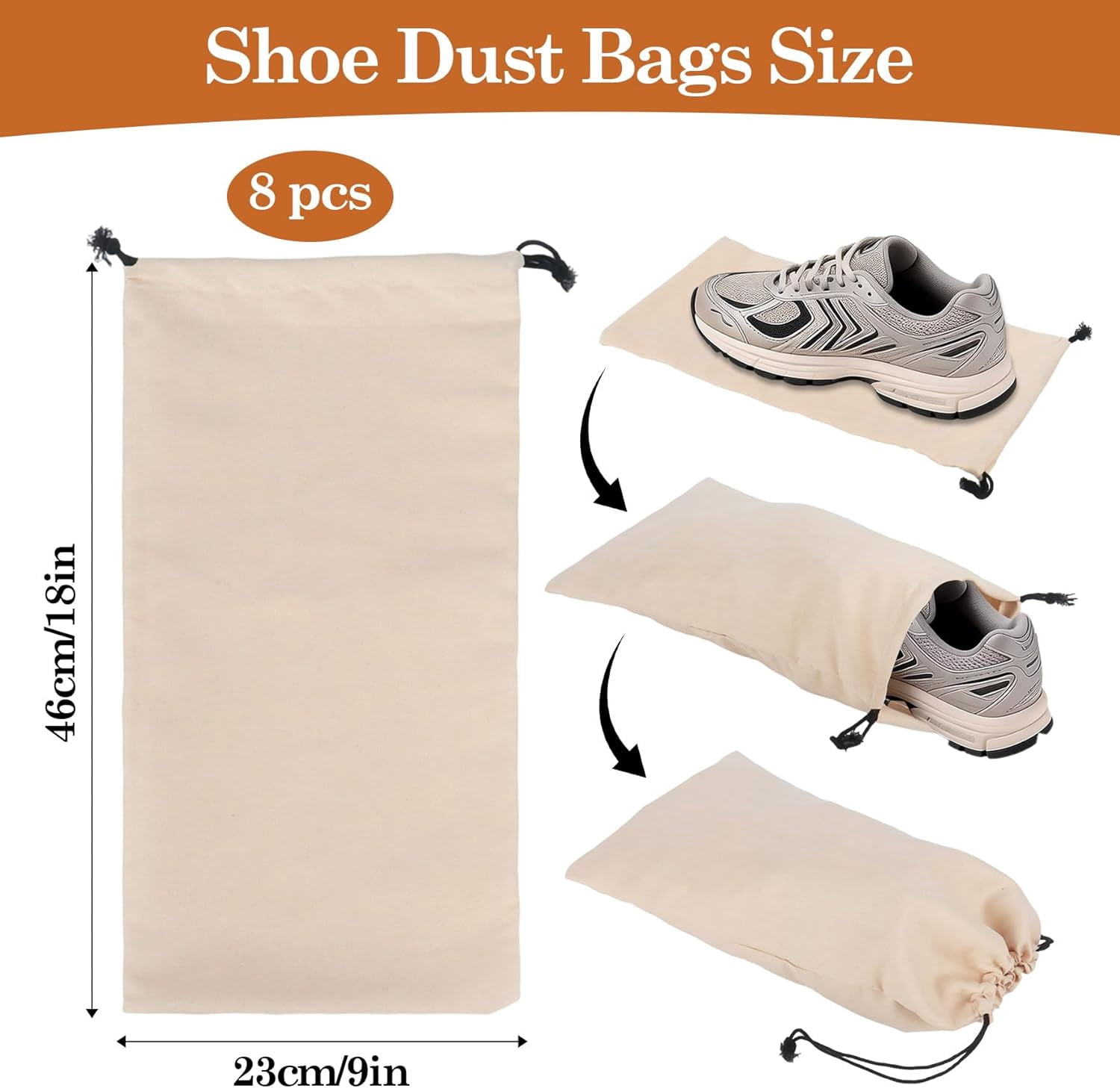 8 Pcs Single Shoe Bags for Travel, 9x18 Inch Suede Fabric Drawstring Shoe Storage Bags, Dust Bags for Packing in Suitcase, Luggage, Home Organization(Khaki)