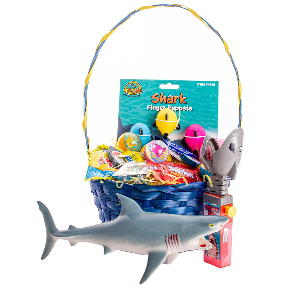 Kids Shark Theme Toy Filled 31pc Medium Easter Basket Gift Set, Blue Yellow