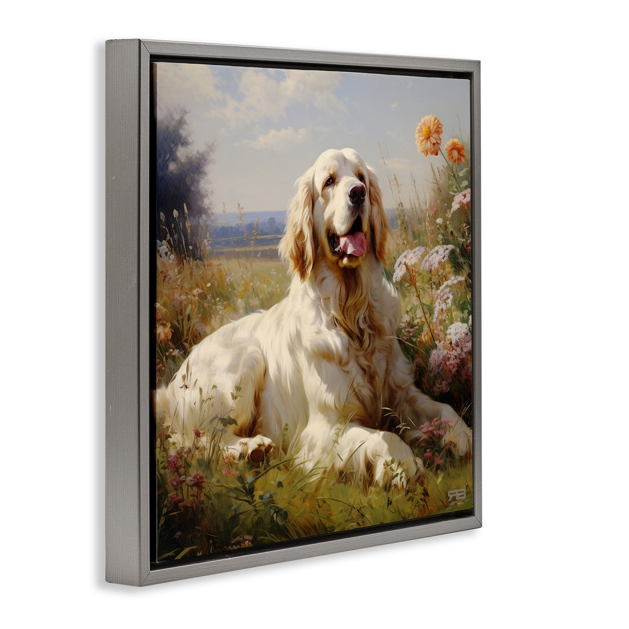 Stupell Industries Calm Golden Retriever Landscape Animals & Insects Painting Gray Floater Framed Canvas Art Print Wall Art, 25 x 25