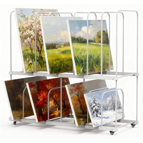 MOOFI 2-Tier Art Storage Rack with Wheels, Metal Canvas and Print Organizer for Paintings, Panels, Frames, Posters and Artwork, Rolling Drying Rack for Studio Classroom, White