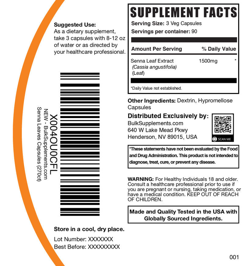 BulkSupplements Senna Leaf Extract Capsules – Digestive Support Supplement,3 Capsules per Serving (1500mg), 270 Count