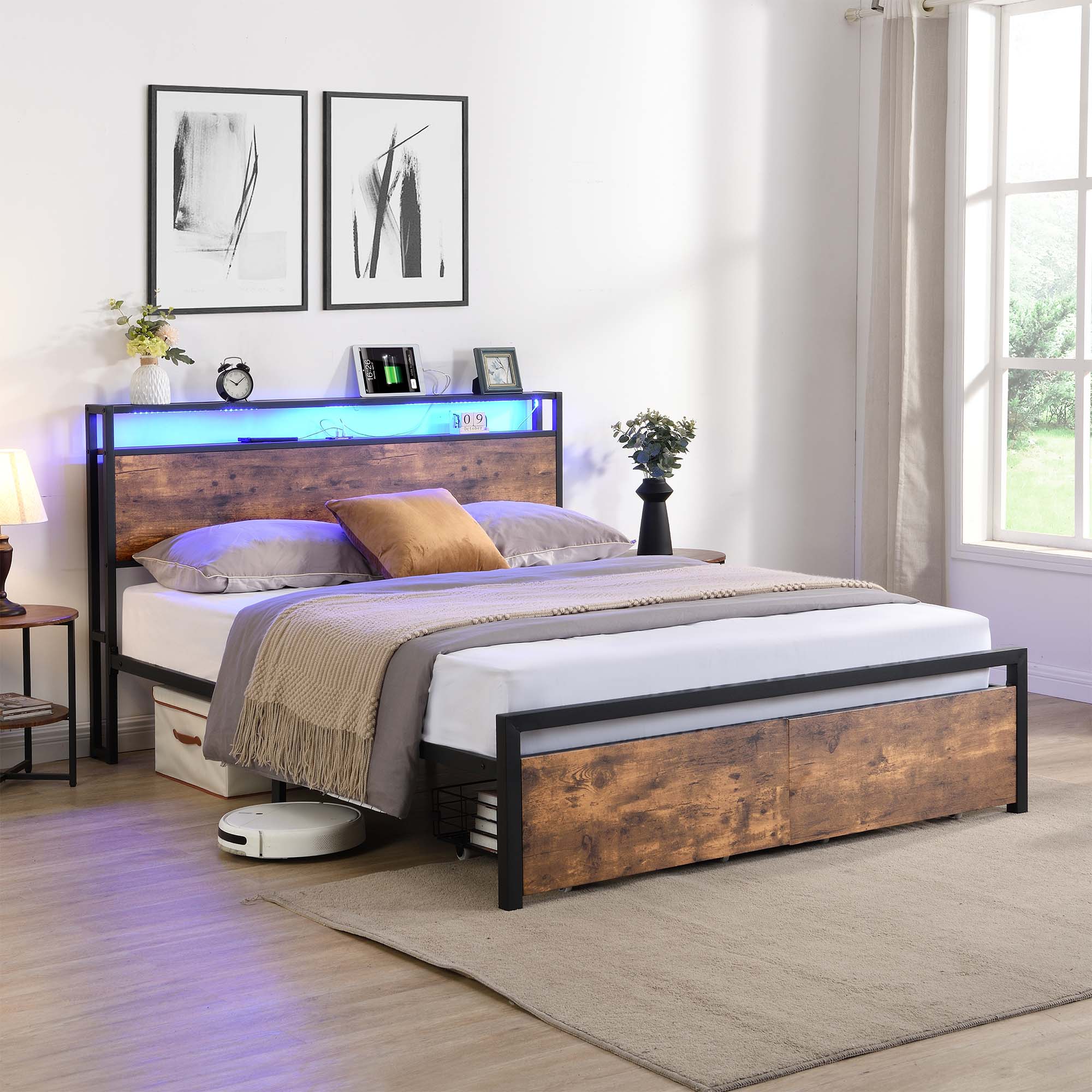 DEALTOPS Full Size Metal Bed with Storage Headboard and 2 Drawers, Platform Bed Frame with LED Lights, Charging Station, Brown