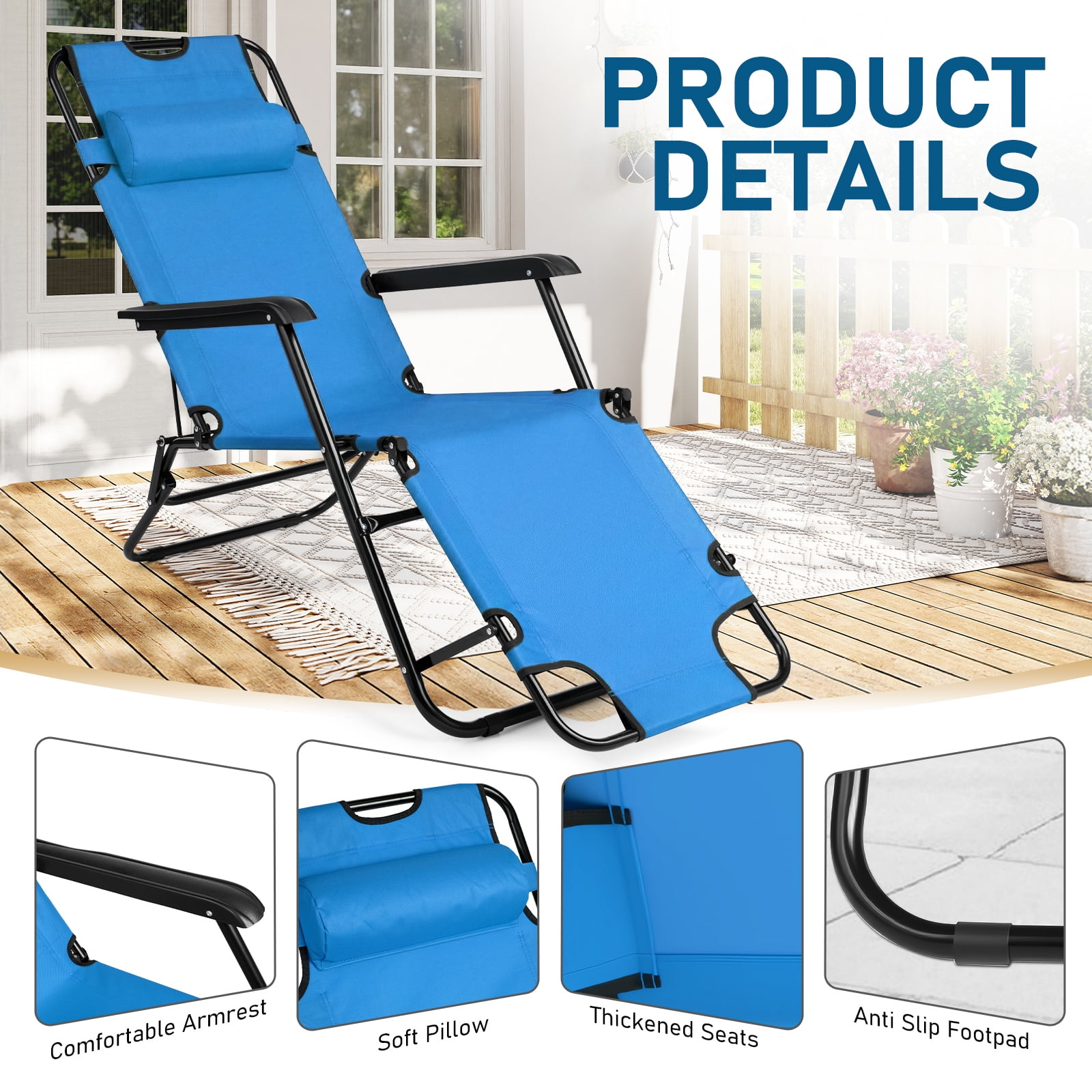 UBesGoo 2-Position Adjustable Backrest Chaise Chair, Lightweight Tanning Chair with Pillow, Sun Recliner for Indoor Outdoor - Blue
