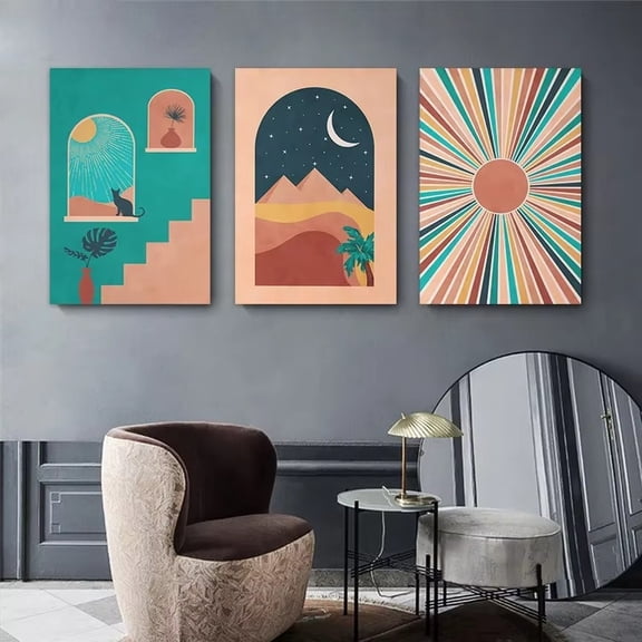 2D for FIAT, Canvas Poster Frameless 3pcs Bohemian Style Wall Art Minimalist Medieval Modern Living Room Bedroom Home Decor Canvas Painting, Unframed Wall Decoration, 2D Flat, Perfect for Room Decor