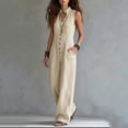 thumbnail image 5 of Women's Cotton Breathable Casual Jumpsuit, V-Neck Sleeveless Button Front, Solid Color, Loose Fit, Elastic Waist Design, Versatile Work & Weekend Outings, Ladies Soft | VerBelle,Khaki L, 5 of 8