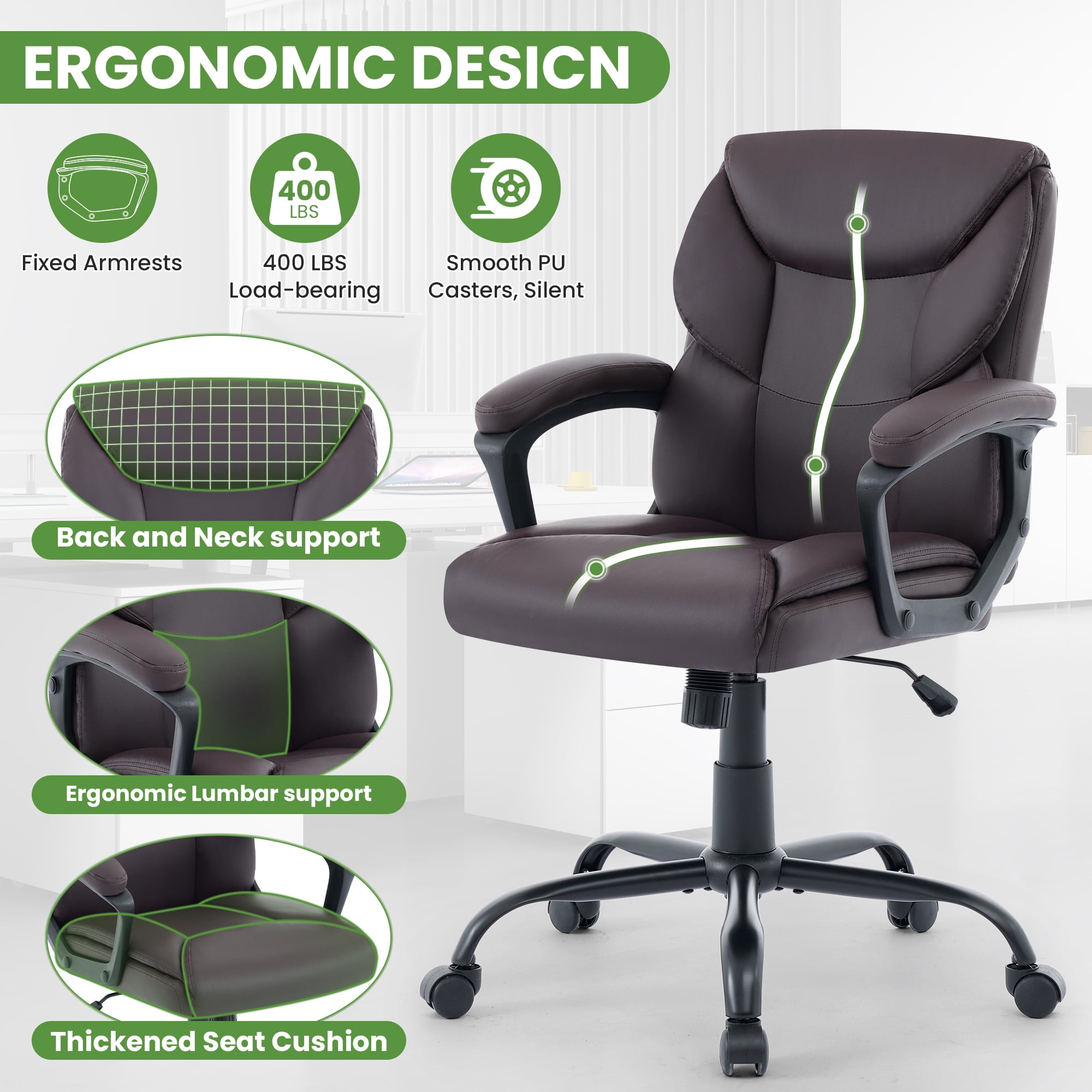JONPONY Leather Office Chair, Big and Tall 400lbs Ergonomic Desk Chairs with Back Support, Executive Leather Chair with Wheels for Home Office, 360°Swivel Free, Brown