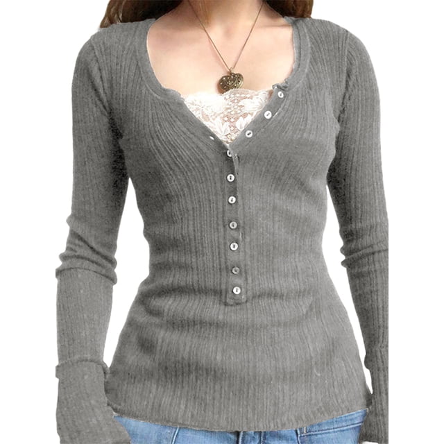 Gupgi Women Slim Pullover Button Front Knit Tops Long Sleeve Lace Patchwork T-Shirts