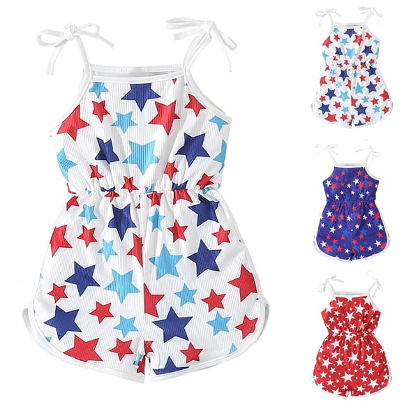 Faraee Toddler Girl 4th of July Outfit Tie-up Spaghetti Straps Stars USA Romper 12M 18M 2T 3T 4T Baby One Piece Shorts Outfits 12-18 Months Blue