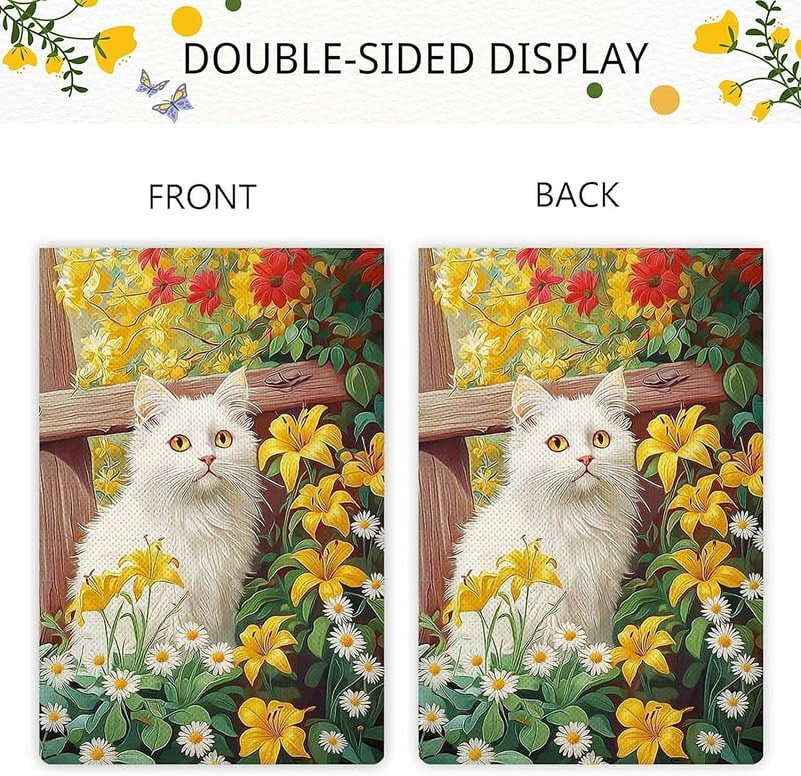 Spring Cute White Cat Garden Flag Spring Summer Floral Flowers Garden Flag Vertical Double Sided Rustic Farmland Burlap Yard Lawn Outdoor Decor